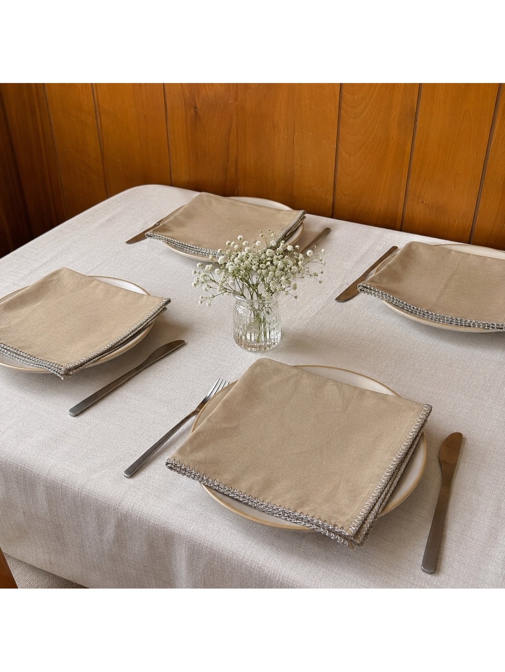 Set of 4 Beige Cotton Napkins with Silver Metallic Whipstitch Trim
